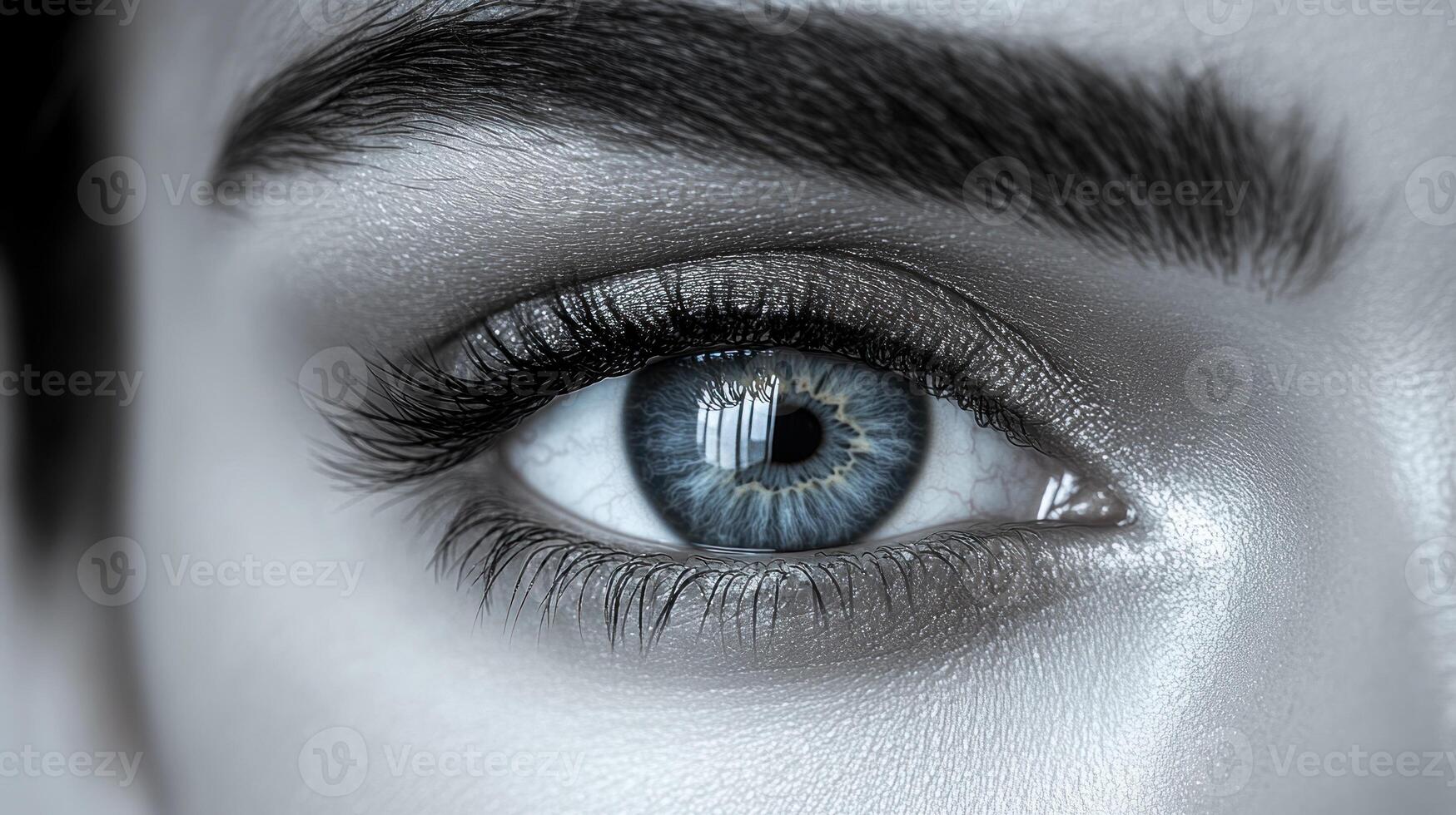A captivating blue eye reflects light, revealing depth and a sense of wonder photo