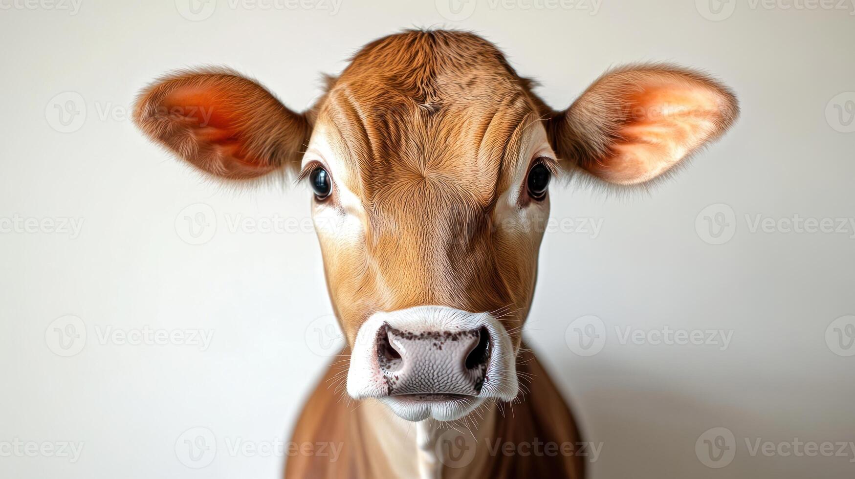 A young cow stands, looking curiously with big expressive eyes photo