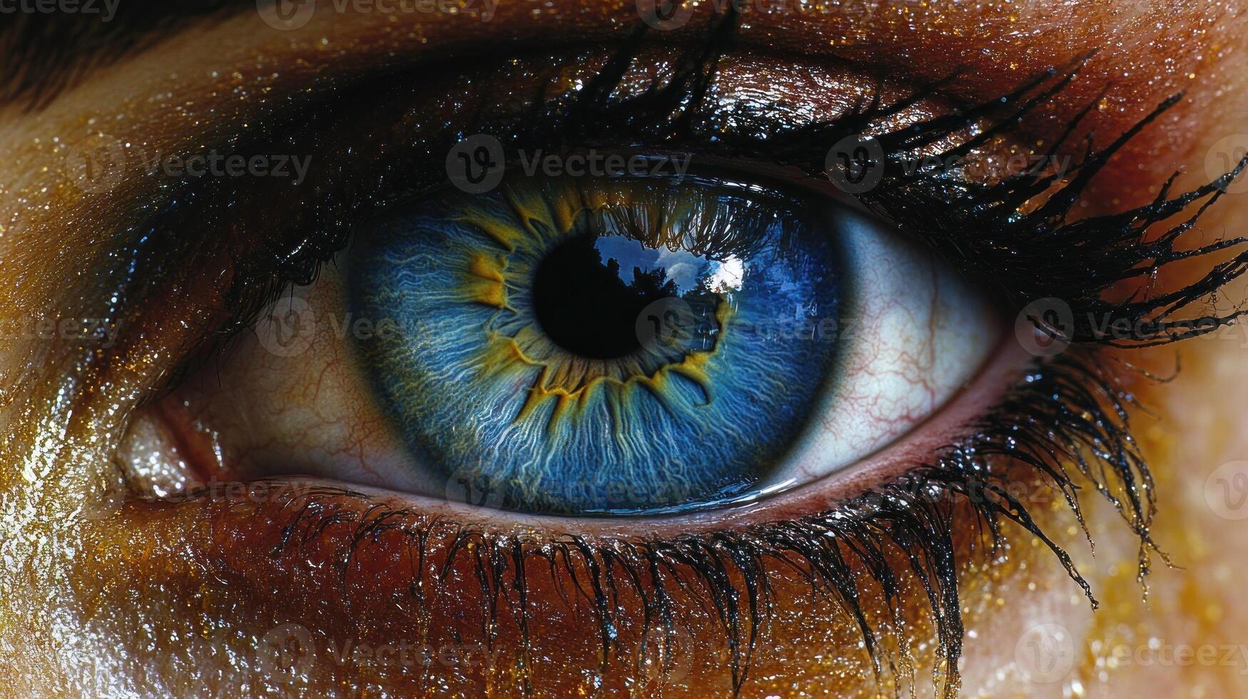 A mesmerizing close-up showcases a vivid blue eye adorned with sparkling accents photo
