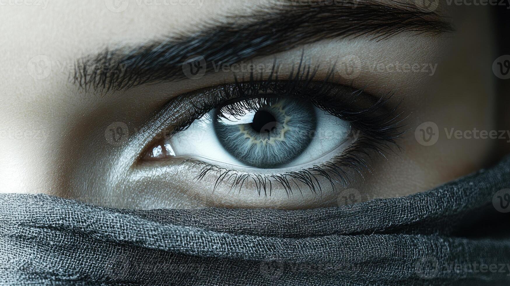 The piercing blue eye gazes intently, shrouded in mystery by a soft veil photo