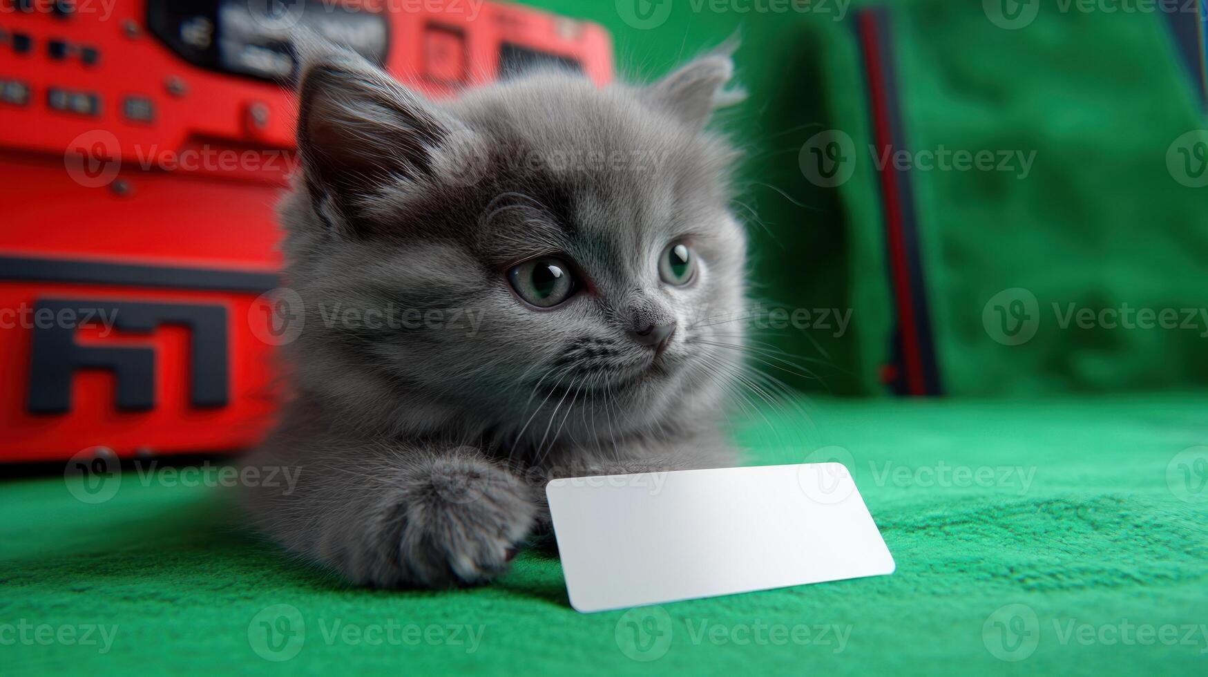 A fluffy grey kitten explores a small white card with intrigue on a bright green mat photo