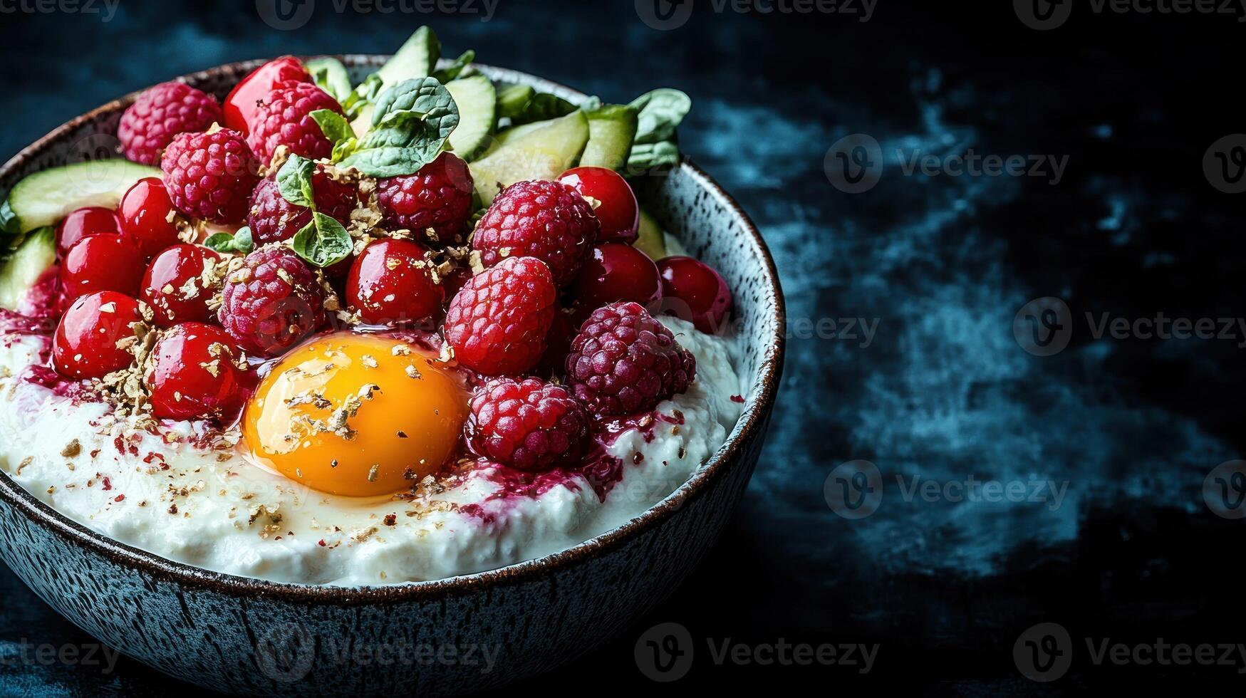 Berries and cucumbers atop creamy yogurt with an egg yolk photo
