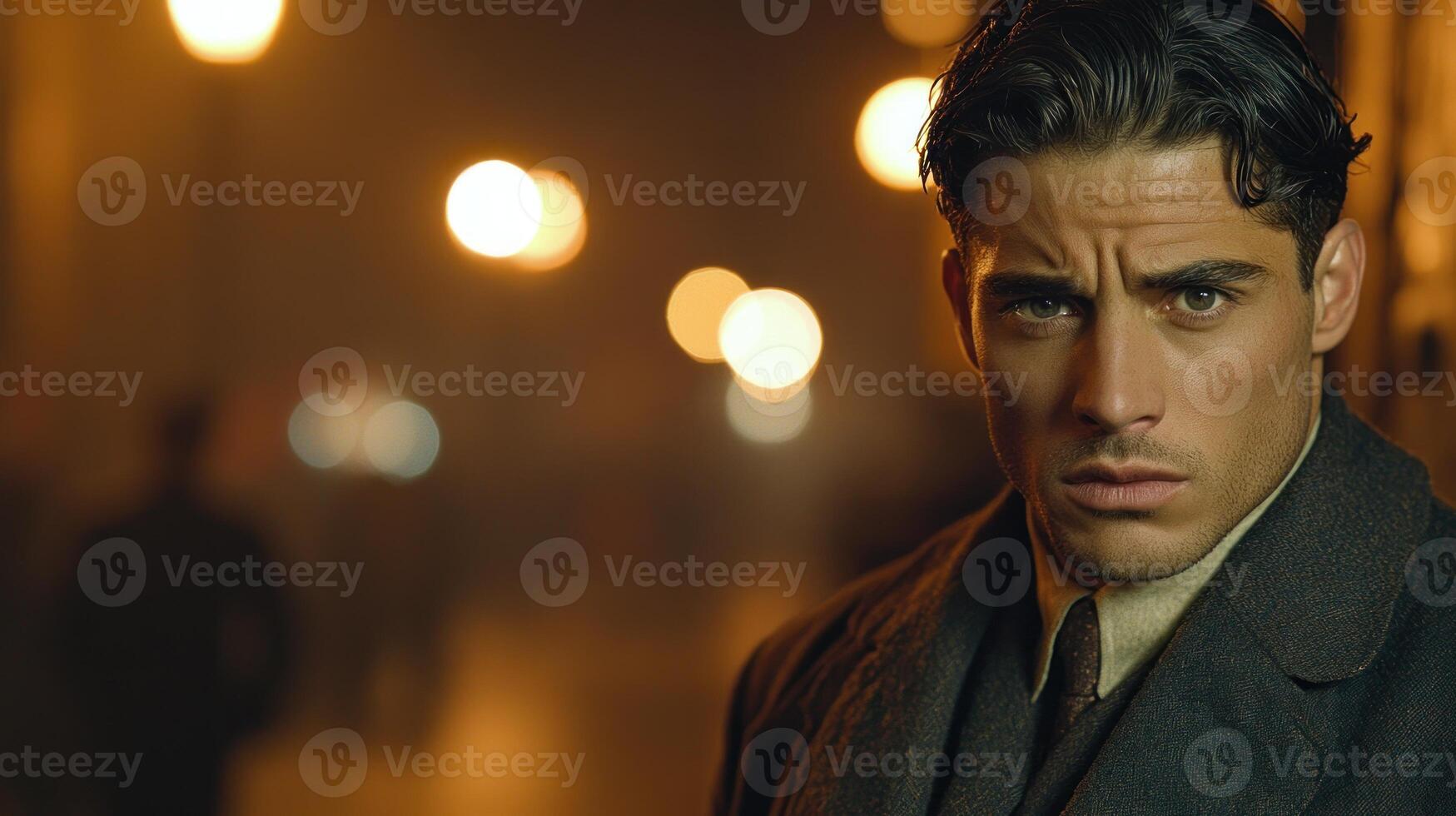 A contemplative man gazes into the distance under warm streetlights in a misty atmosphere photo