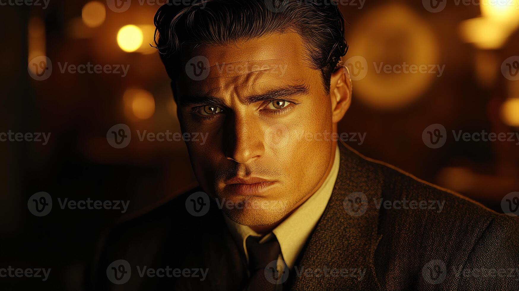 A man deep in thought sits in a warm, softly lit bar, lost in reflection photo