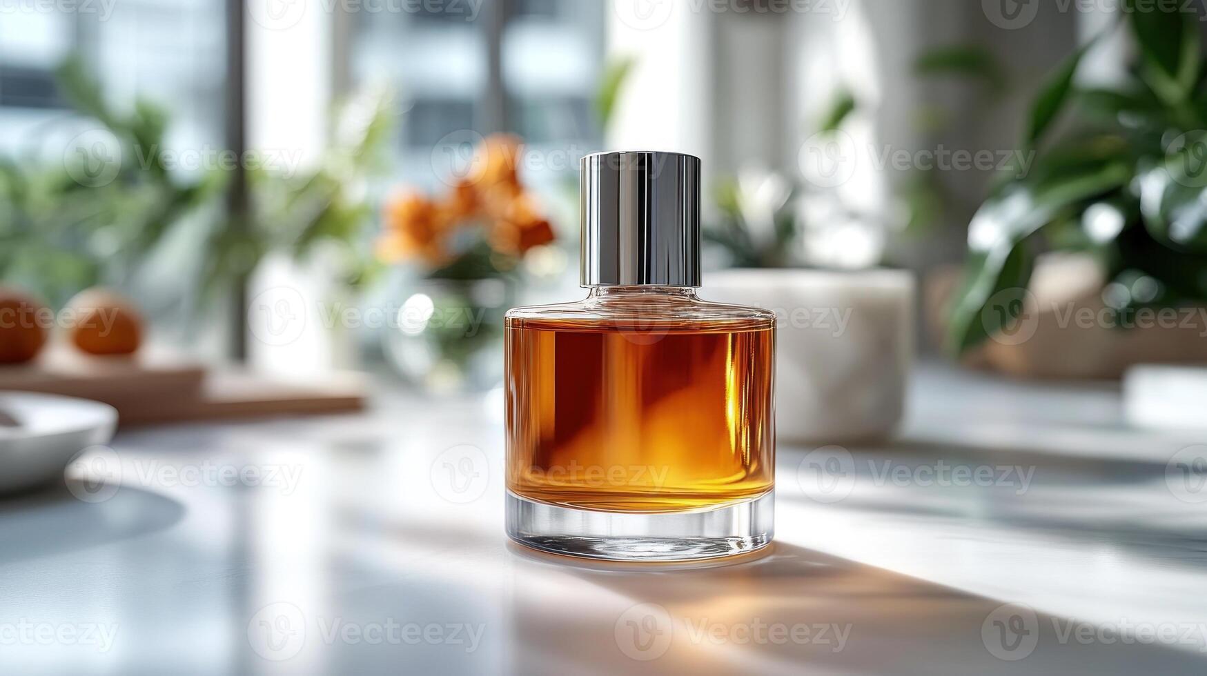A stunning fragrance bottle reflects warm sunlight on a white surface photo