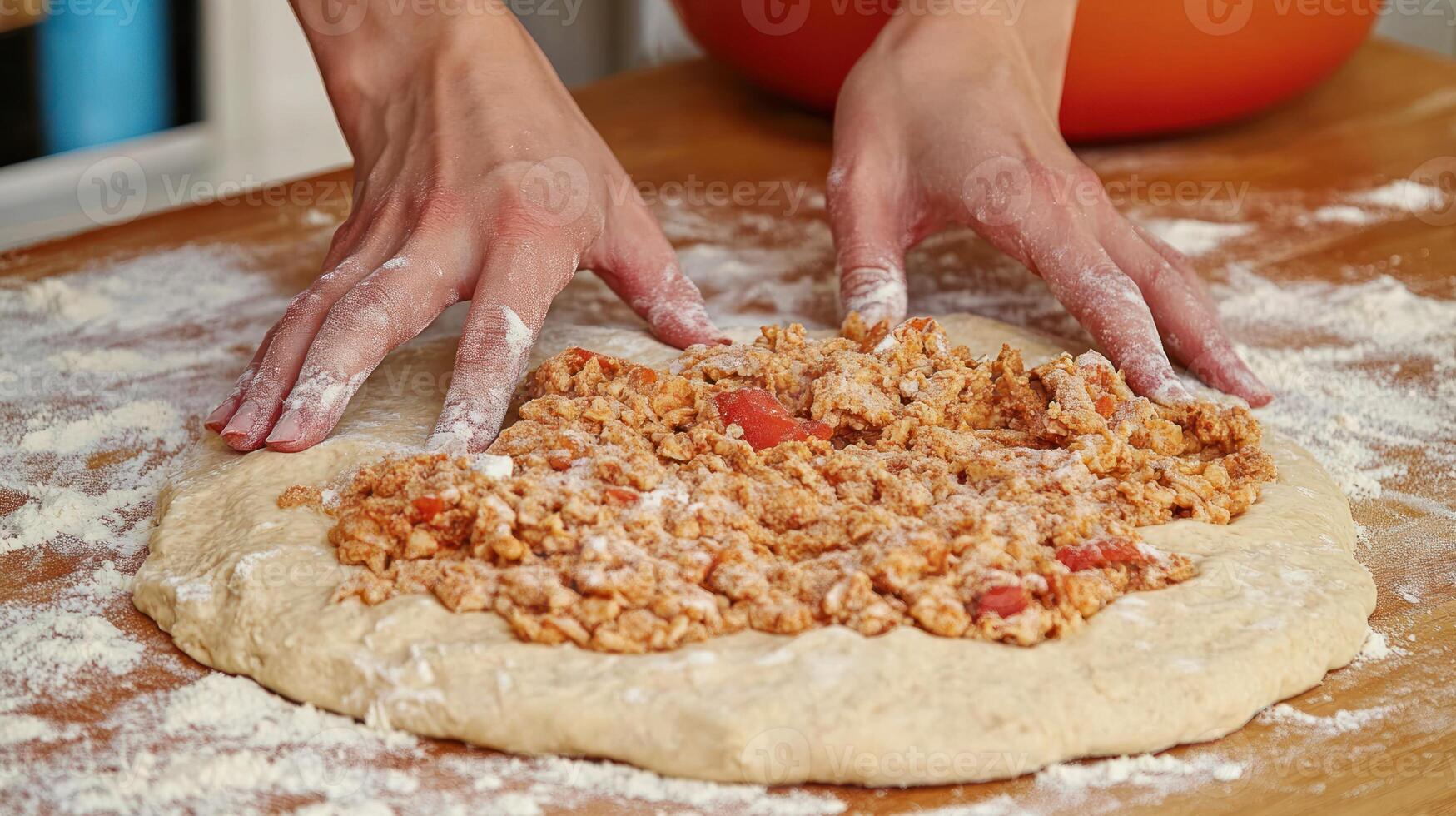 Hands press down on dough filled with a hearty mixture, showcasing home cooking artistry photo