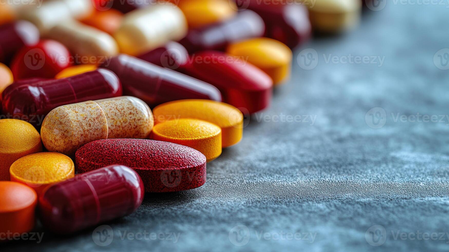 Colorful capsules and tablets on a textured gray background represent health choices photo