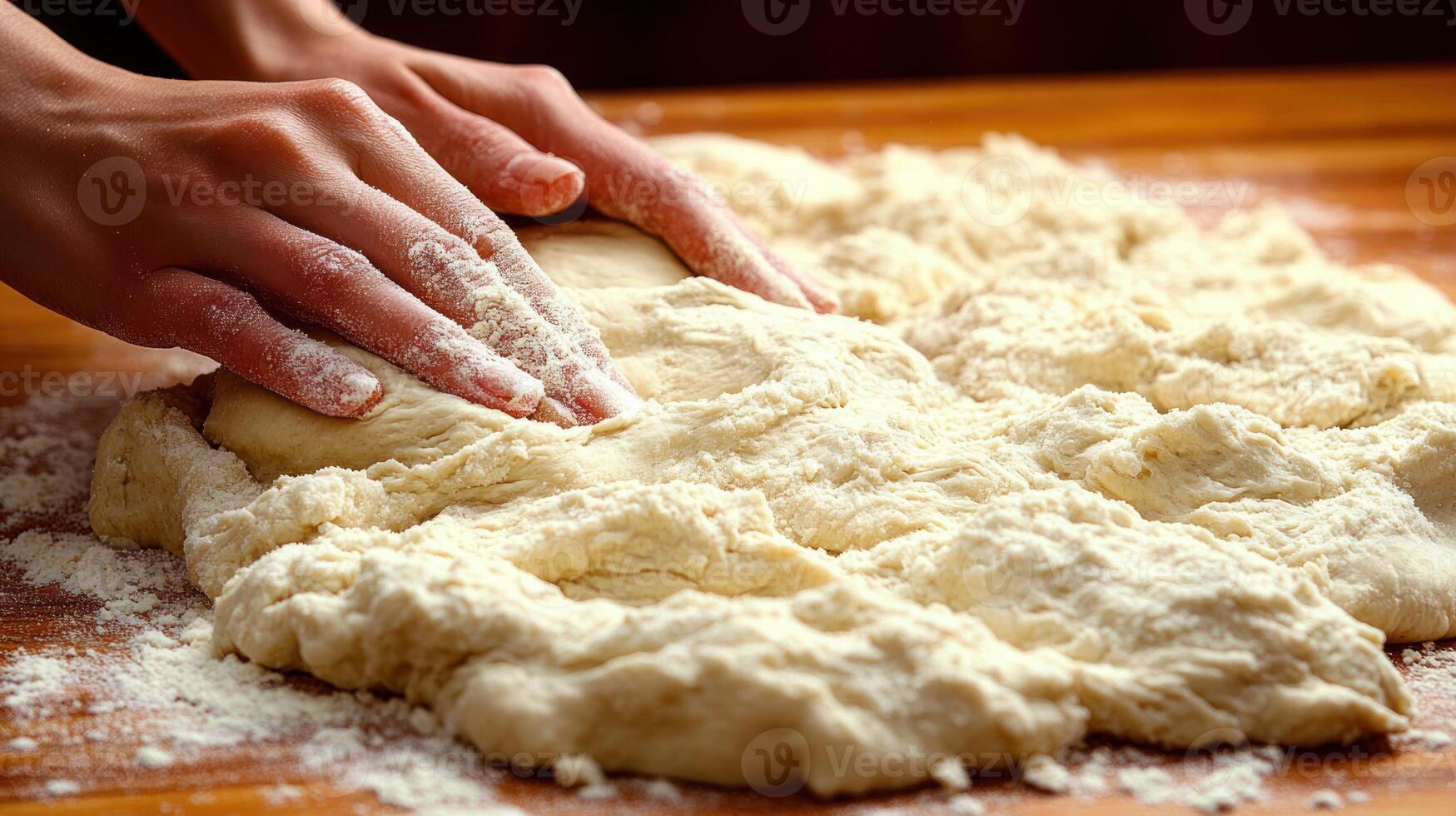 Flour dust lightly coats a warm countertop as dough is skillfully kneaded by hand photo