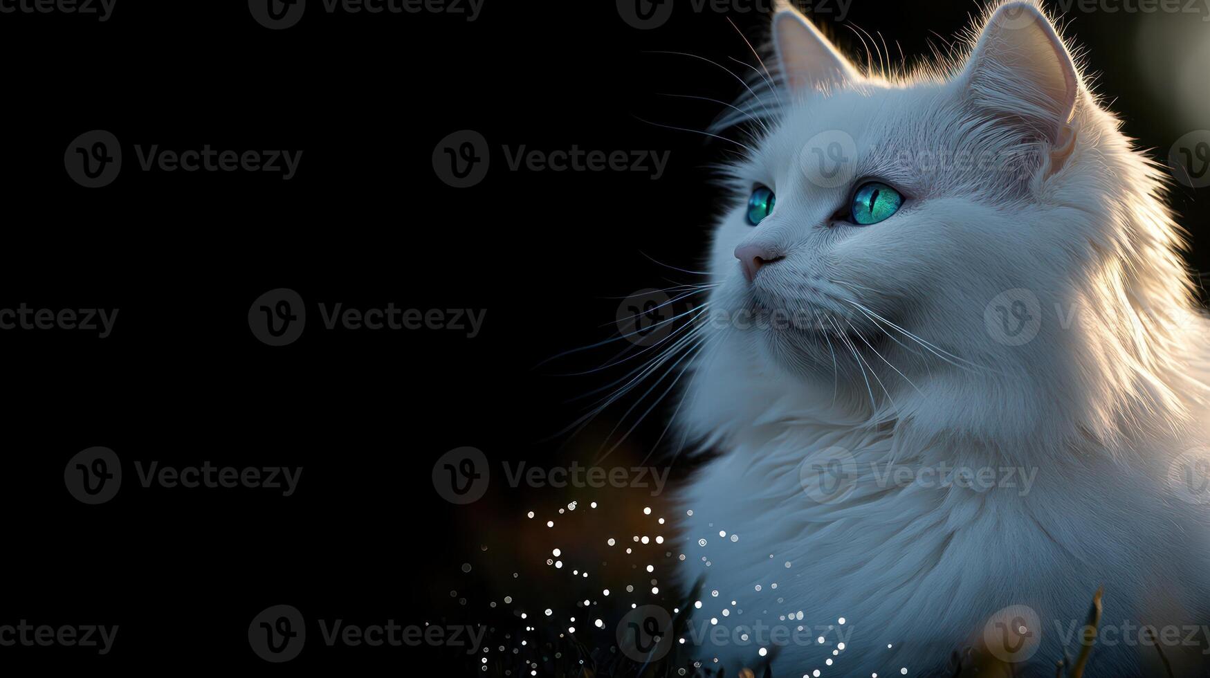 The elegant white cat with bright green eyes surveys the world and twinkling lights photo