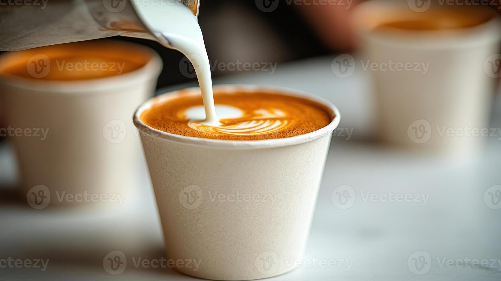 Warm milk swirls into coffee, creating a delightful pattern in cozy cups photo