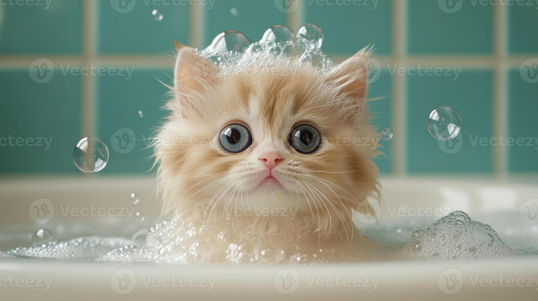 A playful kitten enjoys its bath, surrounded by bubbles and vibrant tiles, radiating joy photo