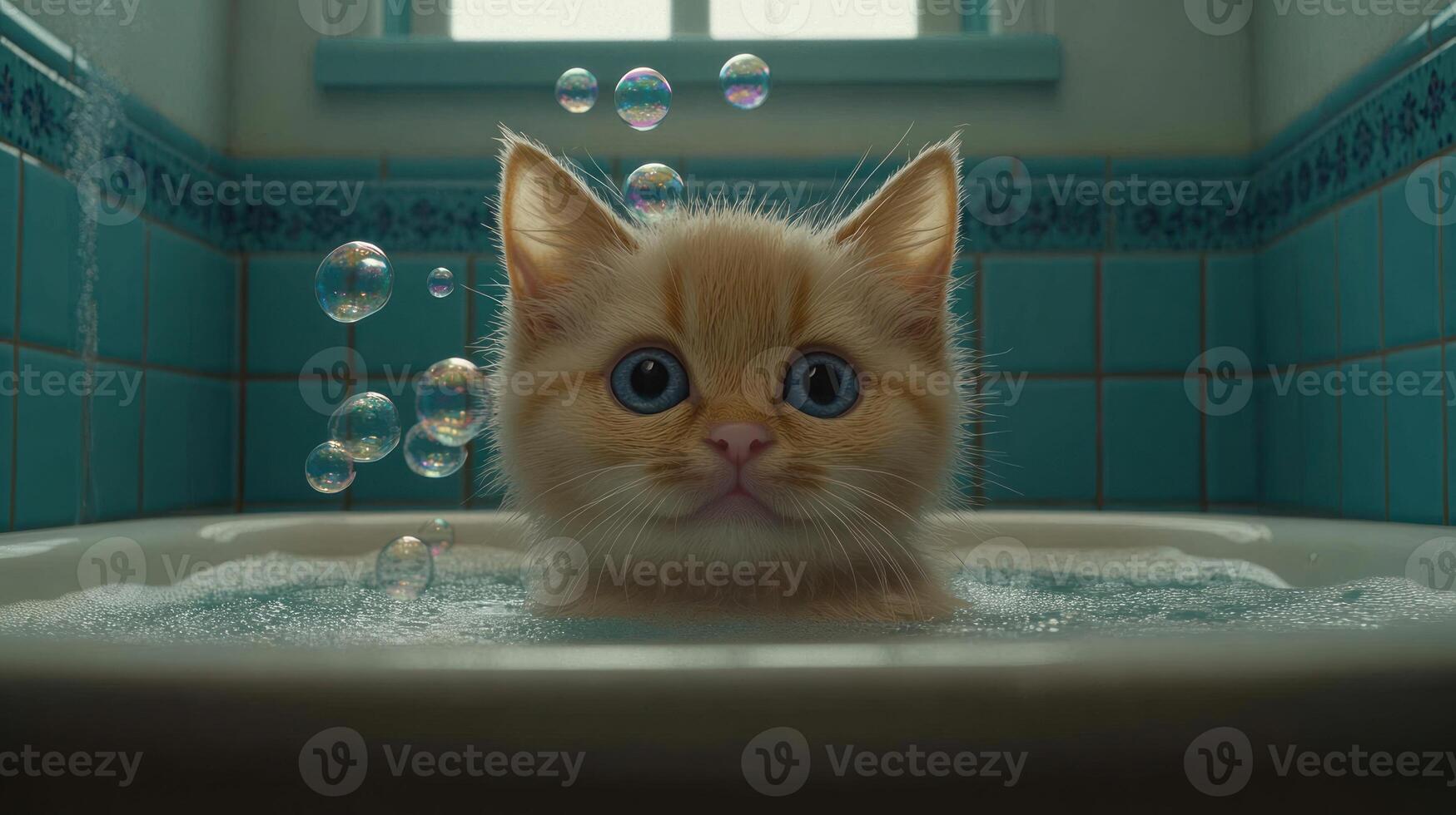 A fluffy orange kitten is surrounded by gentle bubbles in a bright bath photo