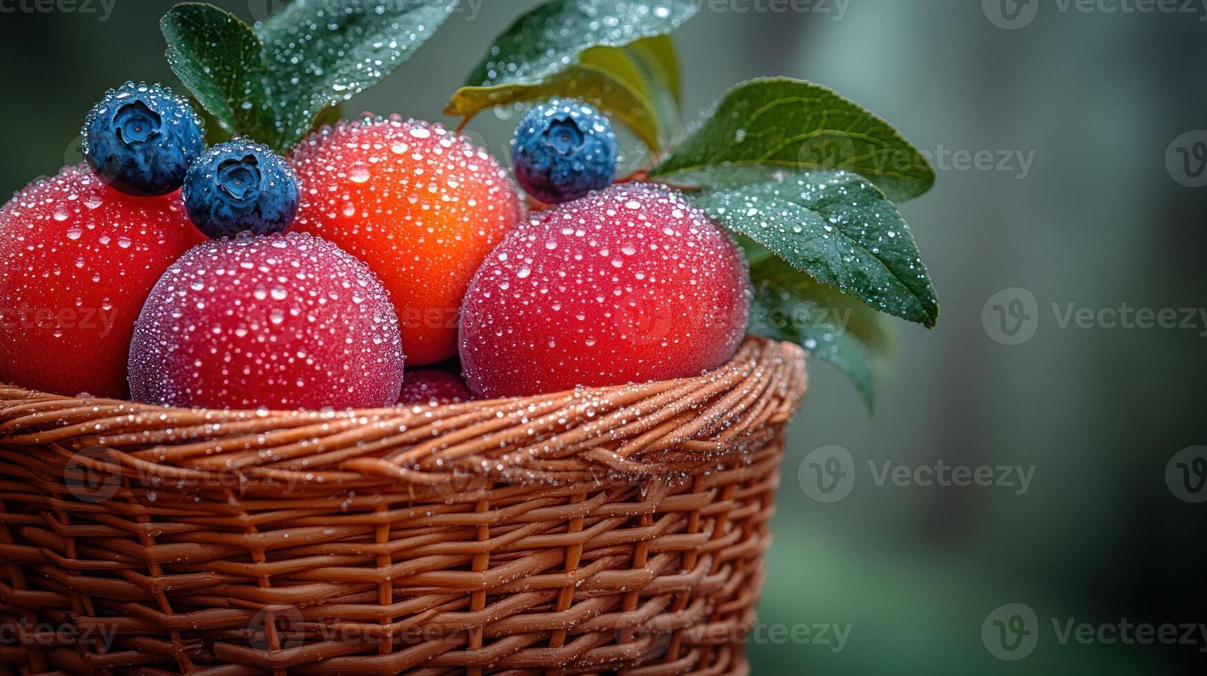 Colorful fruits glisten with droplets, nestled in a charming basket outdoors photo