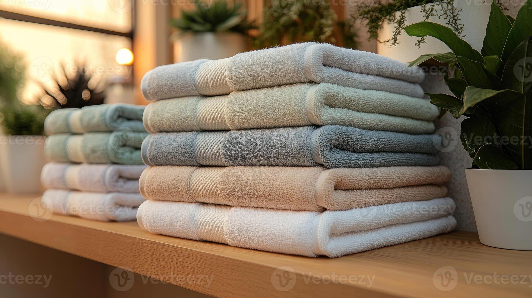 Soft towels stacked in pastel hues create a serene and inviting atmosphere indoors photo