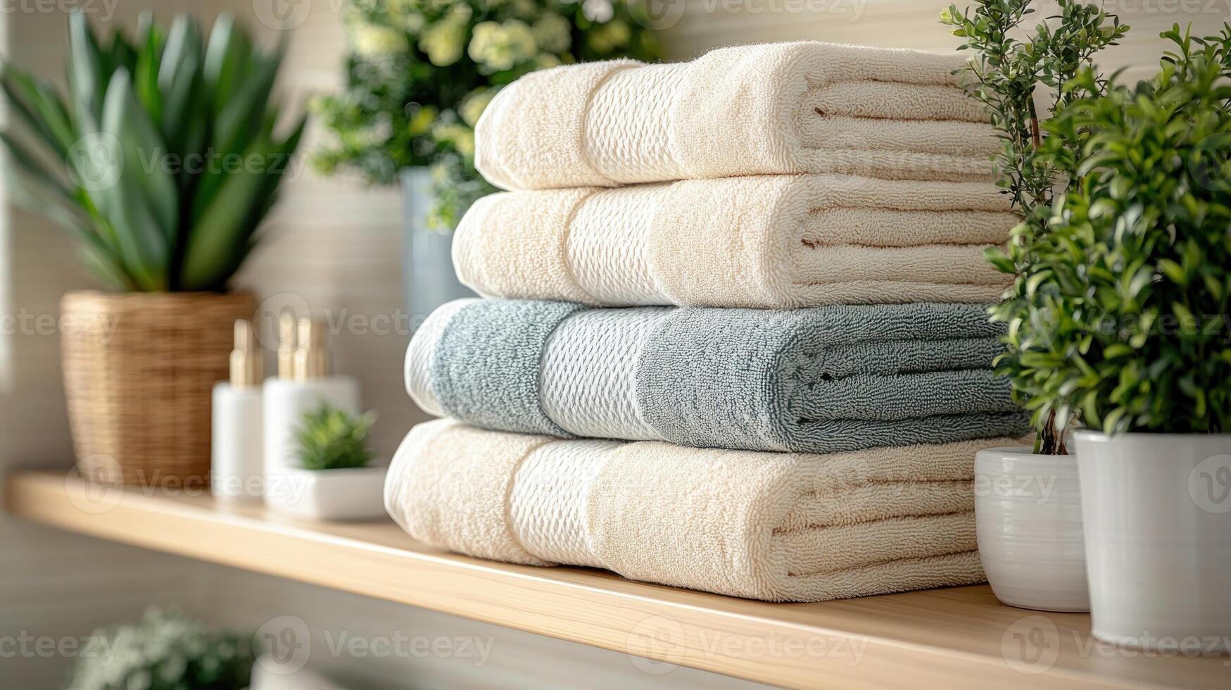 Plush towels are stacked elegantly beside vibrant greenery, creating a serene atmosphere photo