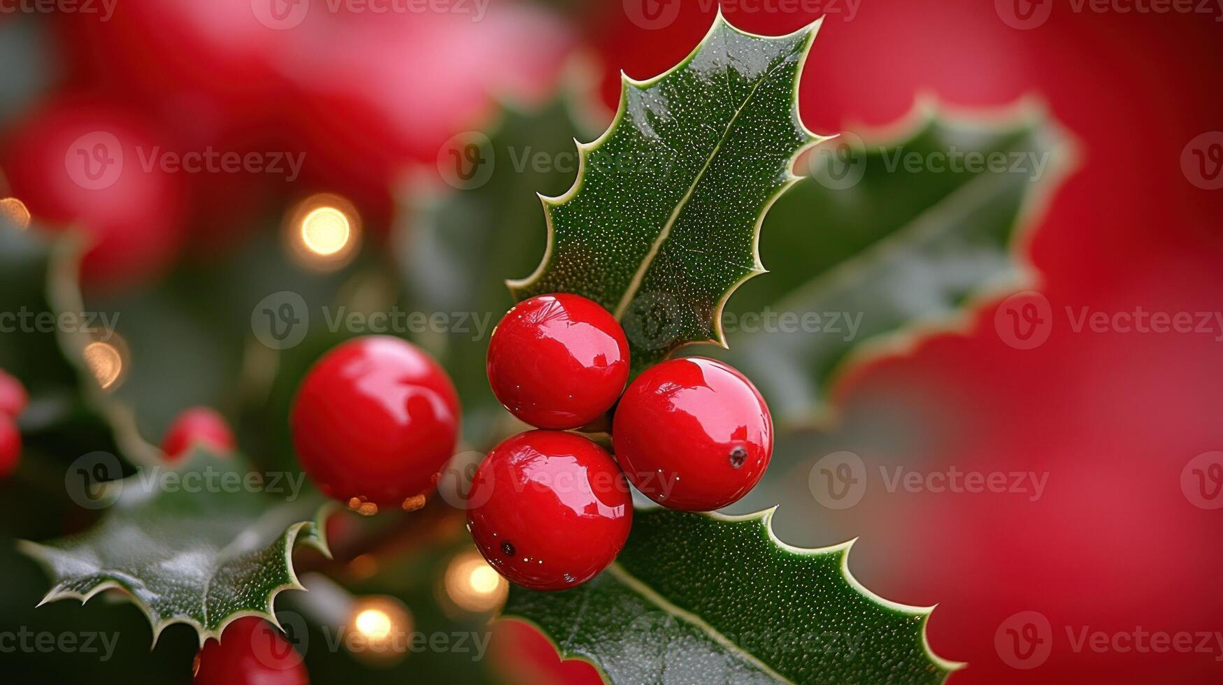 Close-up of holly leaves with shiny red berries, evoking a festive vibe photo