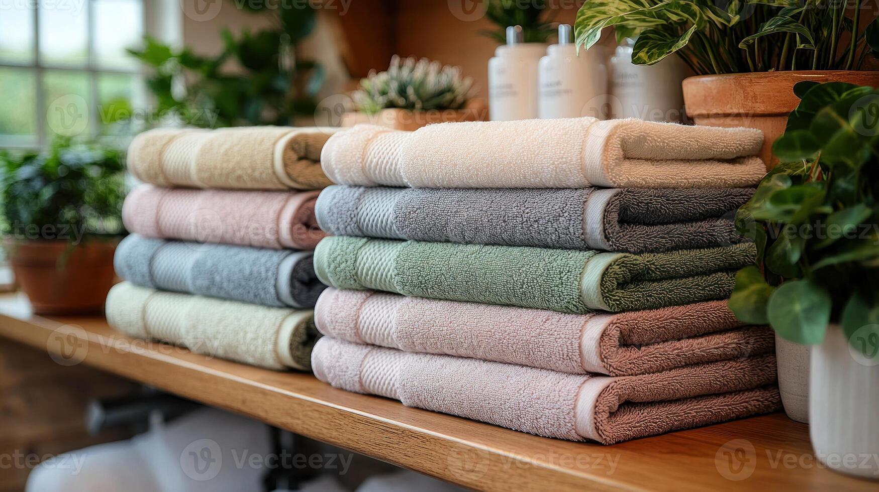 Soft pastel towels are stacked neatly on a wooden shelf amidst vibrant greenery photo