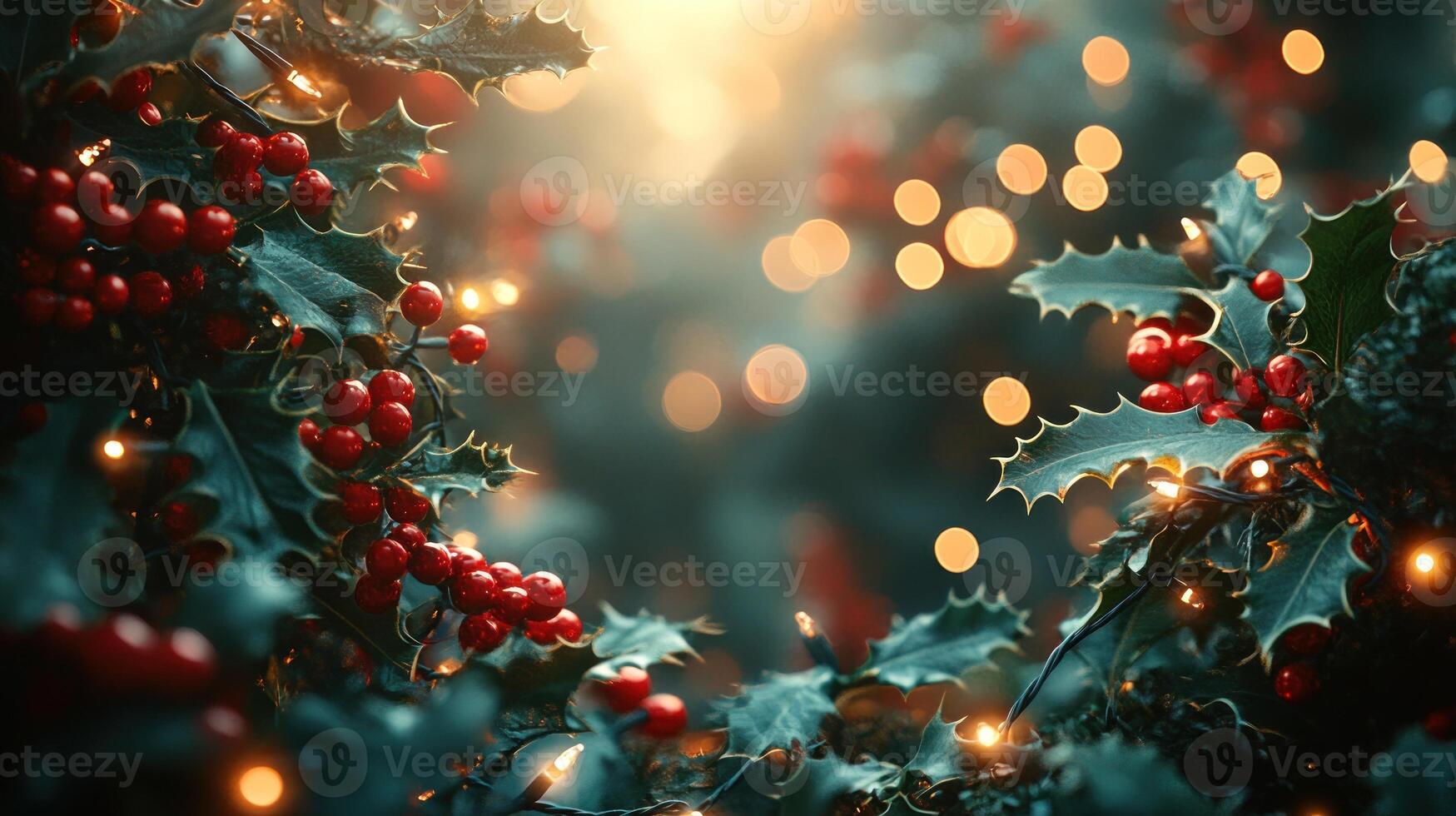 A cozy atmosphere emerges with vibrant holly berries and soft glowing lights photo