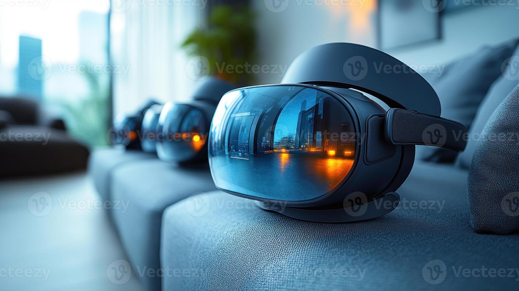 Three sleek virtual reality headsets resting on a stylish couch, capturing city lights photo