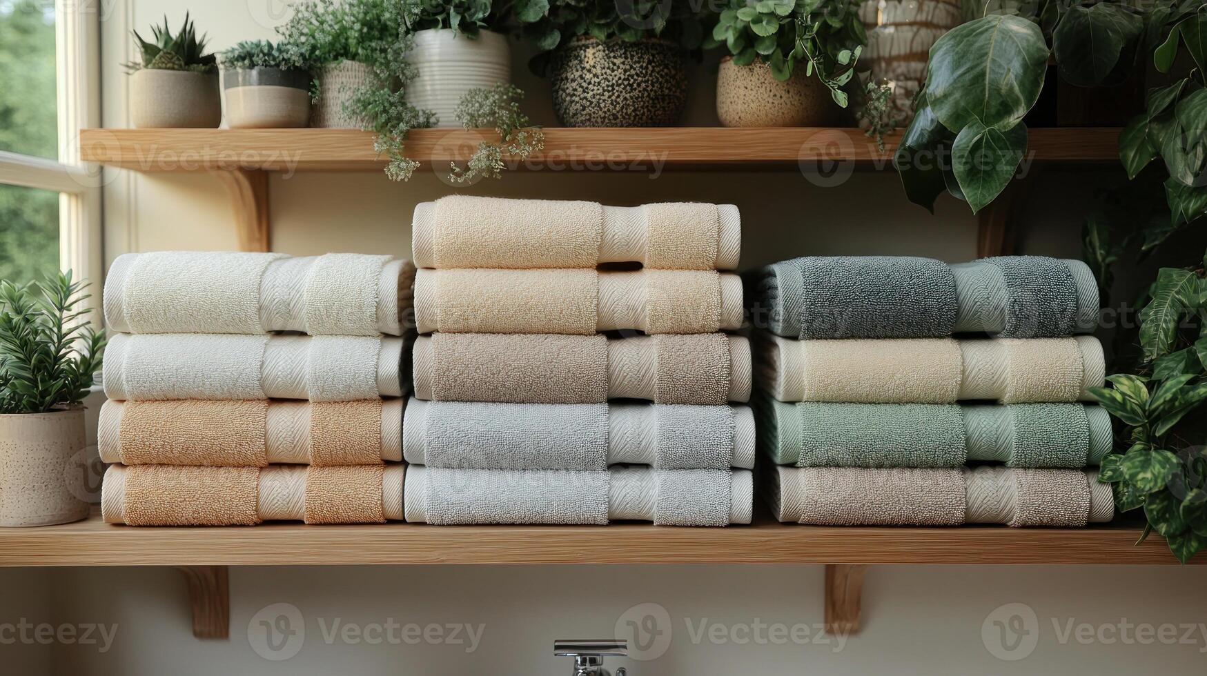 Soft pastel towels stacked harmoniously, enhancing a serene indoor atmosphere photo