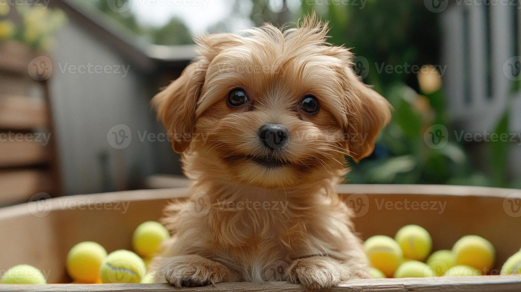A playful puppy enjoys a pile of tennis balls in a lively garden setting photo