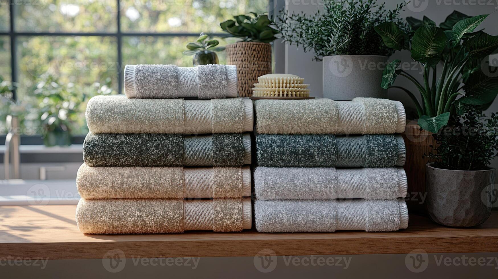 Soft pastel towels are neatly arranged on a warm wooden shelf, enhancing a tranquil space photo