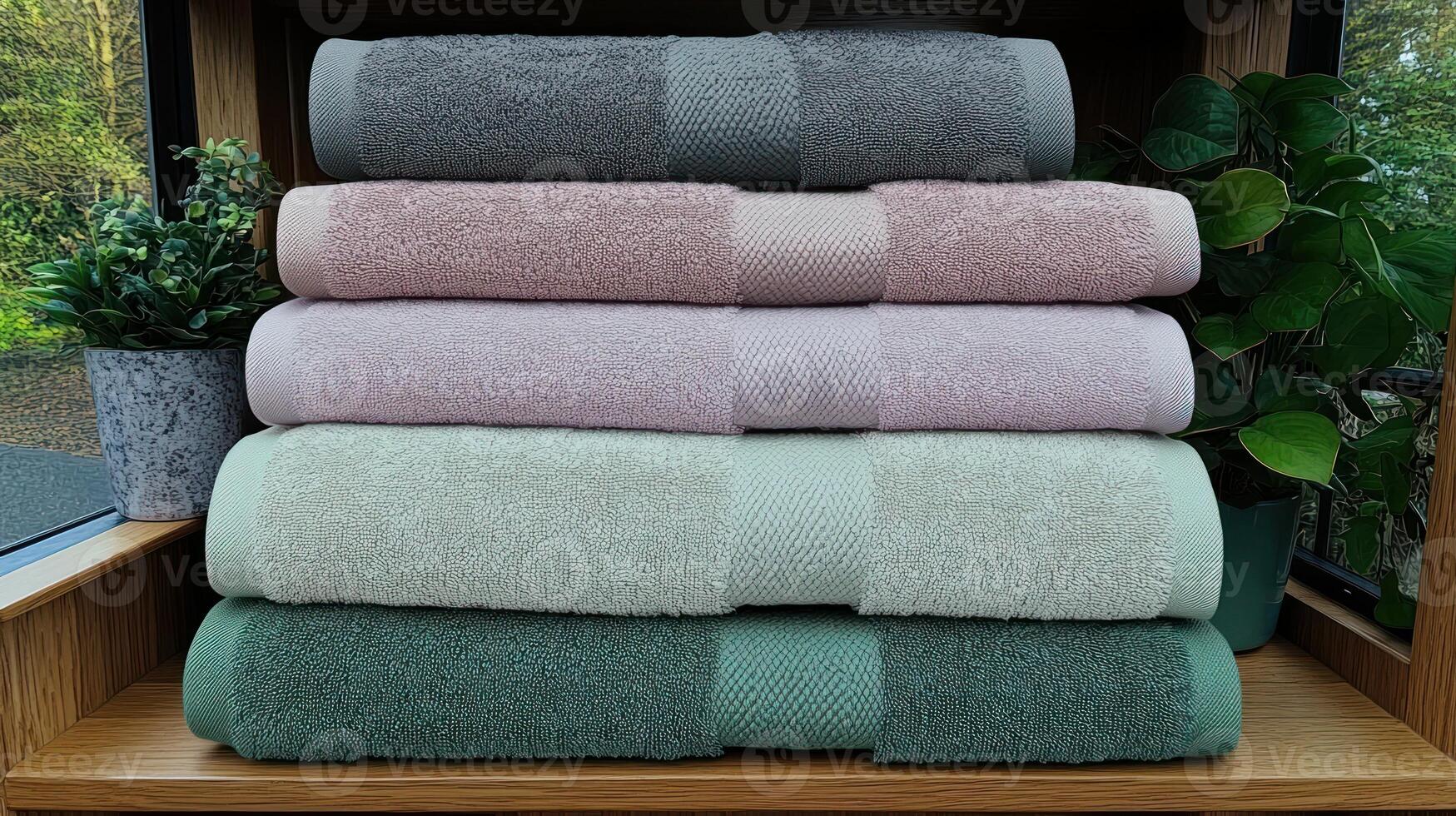 Soft, neatly arranged towels in soothing colors complement a peaceful interior atmosphere photo