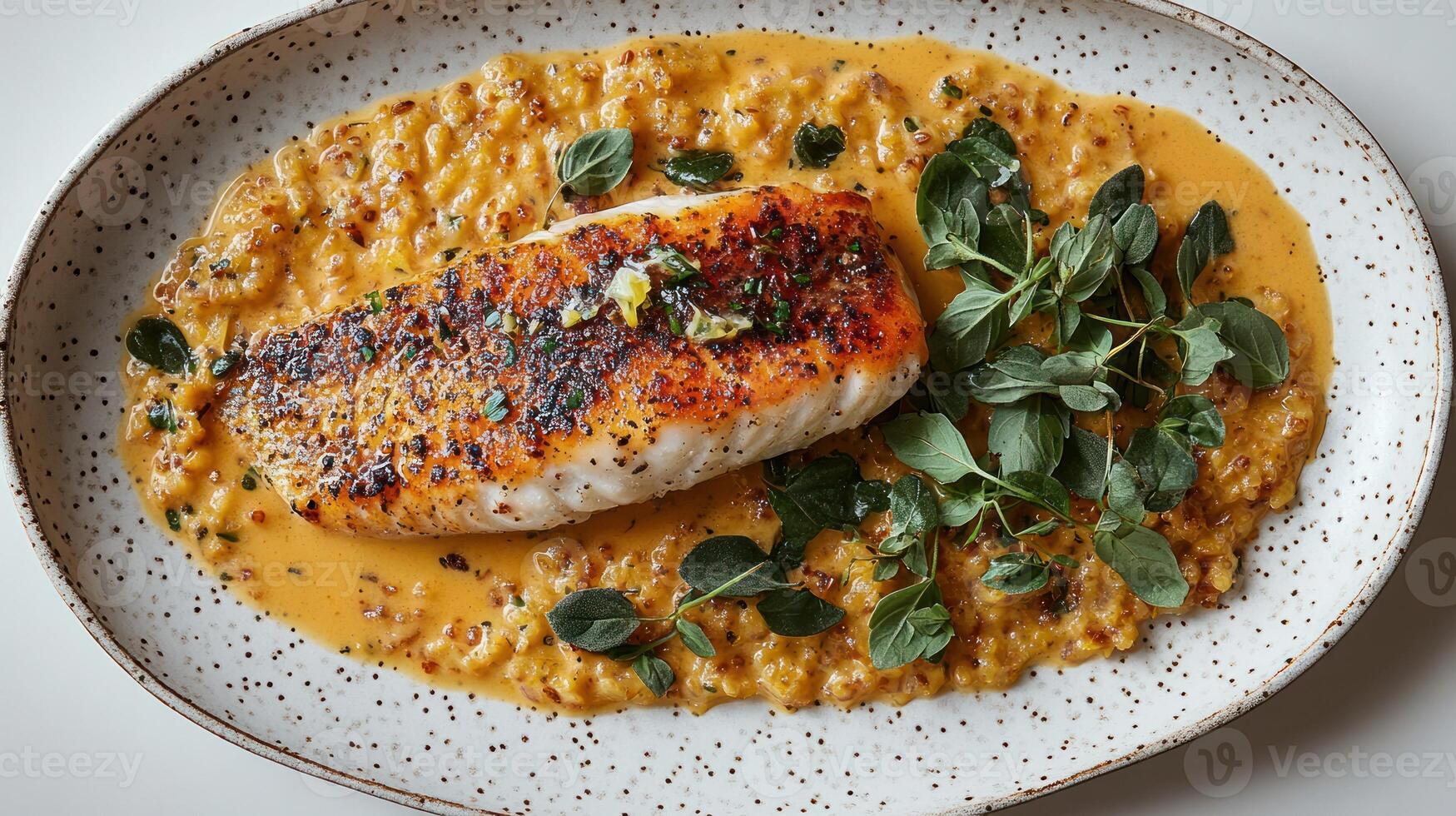 A perfectly cooked fish fillet rests on a rich sauce, garnished with herbs photo