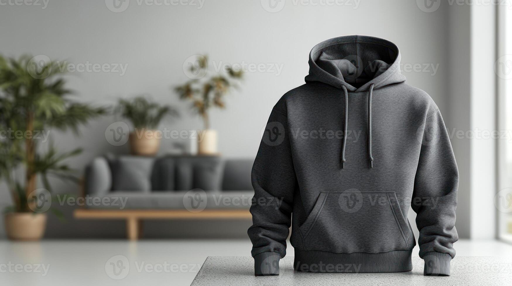 A stylish dark gray hoodie stands on display in a chic living room filled with greenery photo