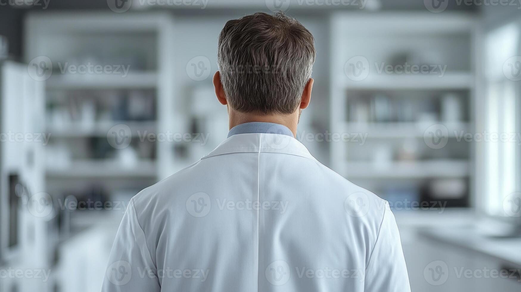 A focused individual in a lab coat stands backlit in a well-equipped laboratory photo