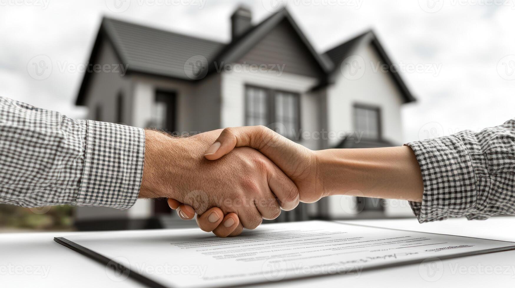 A couple shakes hands to finalize their home purchase agreement near a beautiful house photo