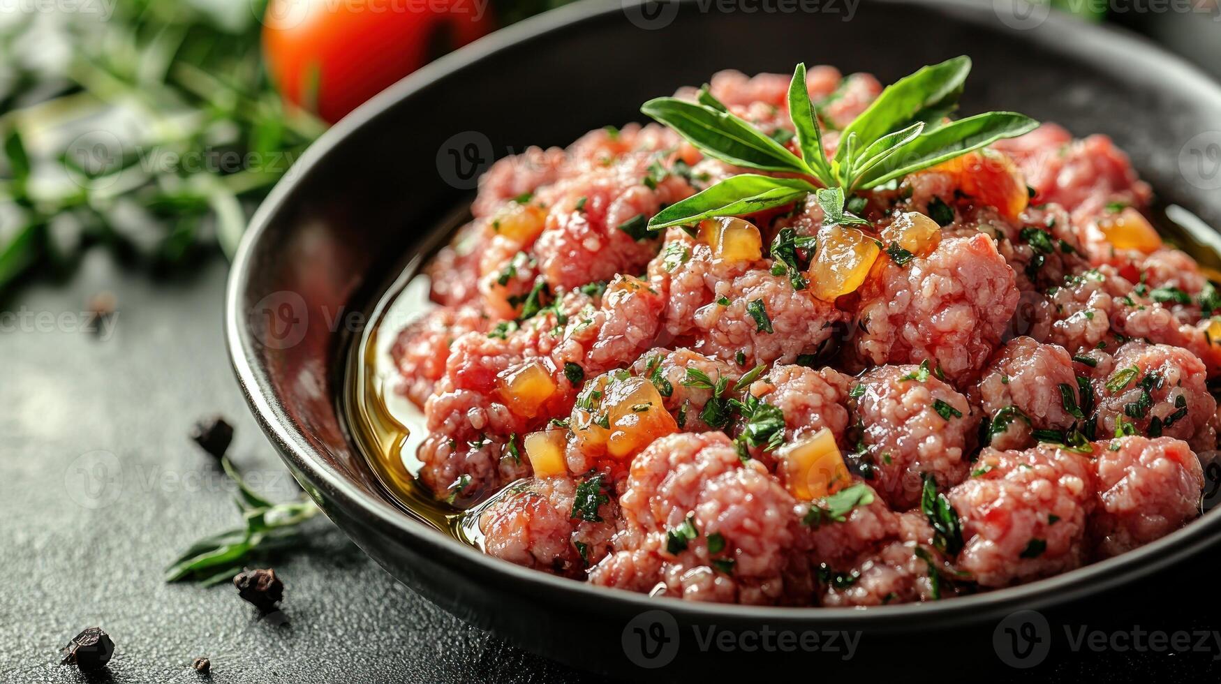 Delicious raw meat mixed with herbs and spices, beautifully presented in a black bowl photo