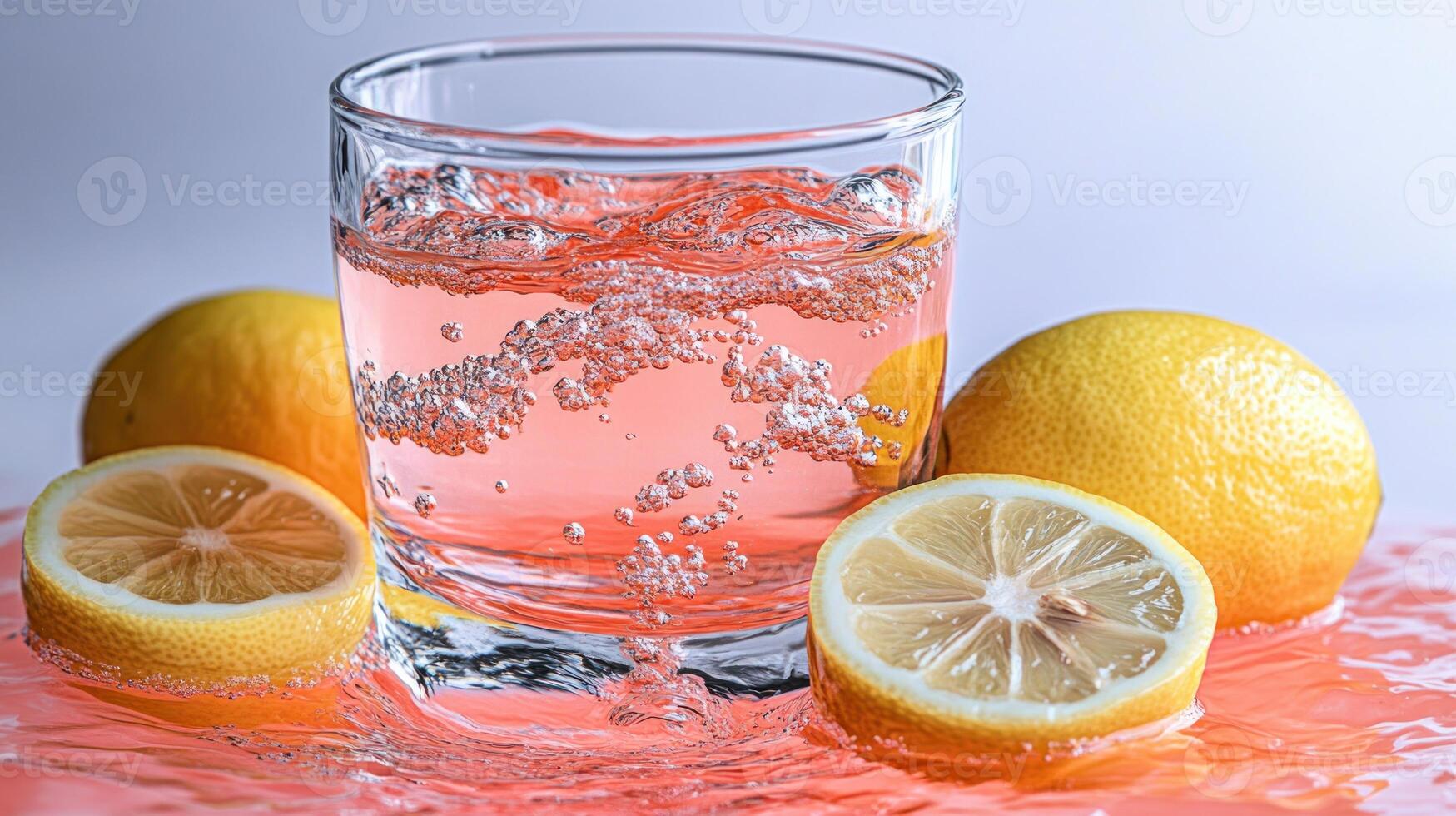 Sparkling lemonade bubbles delightfully as fresh lemon slices surround the glass photo
