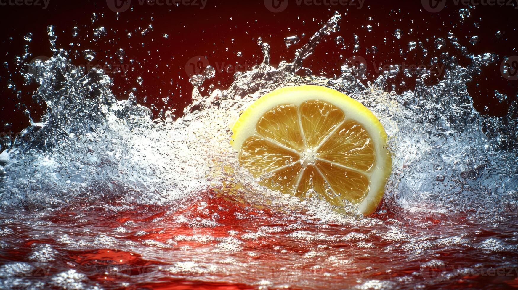 Lemon slice cascades into red liquid, creating energetic splashes and vibrant colors photo
