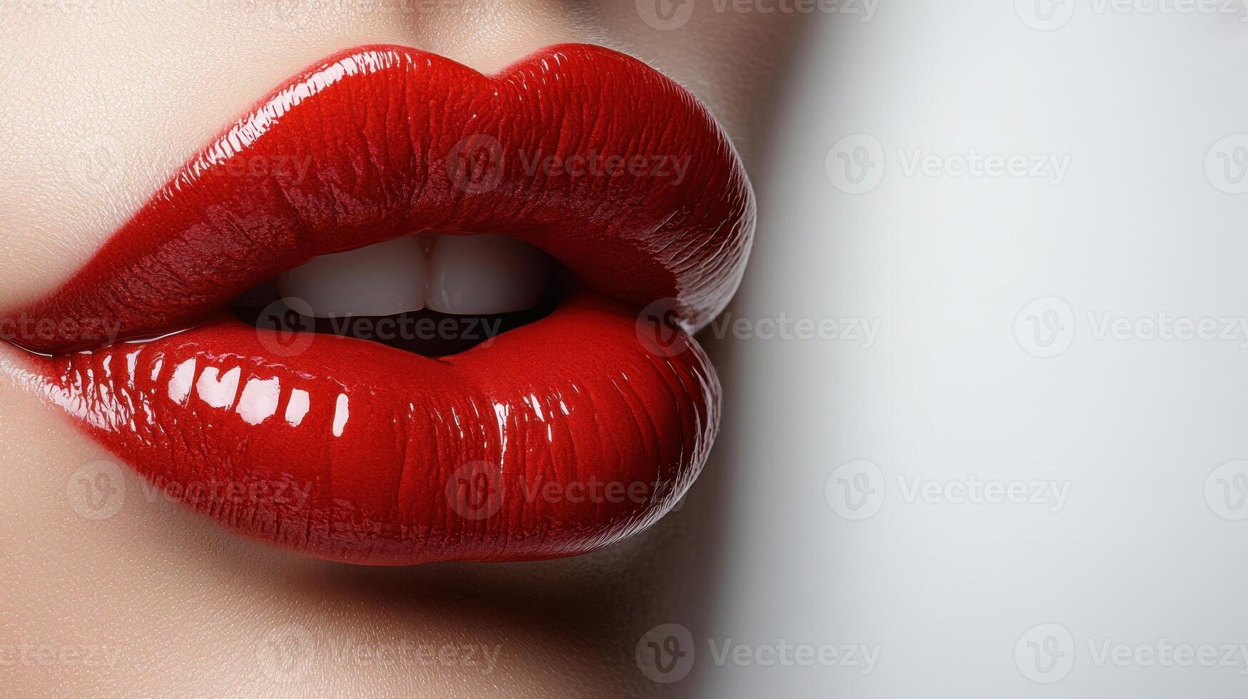 Glossy red lips reflect light beautifully, creating an alluring and dramatic effect photo
