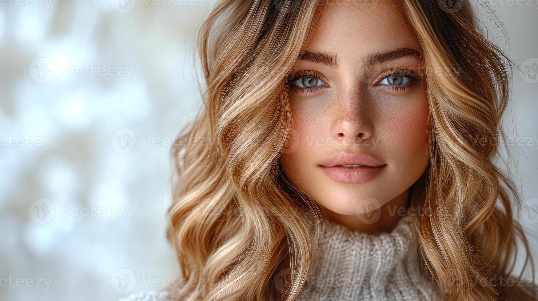 A beautiful young woman stares directly into the camera, embodying calm and elegance photo
