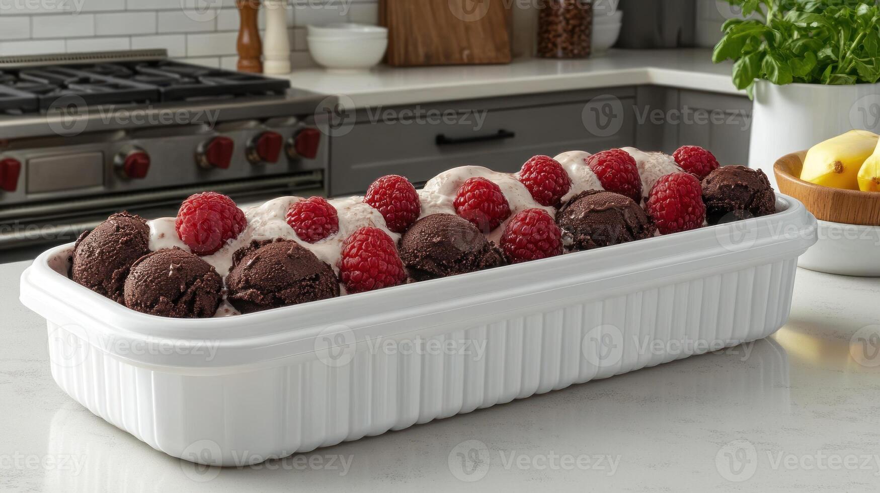 A tempting dessert of perfectly scooped ice cream adorned with fresh raspberries photo