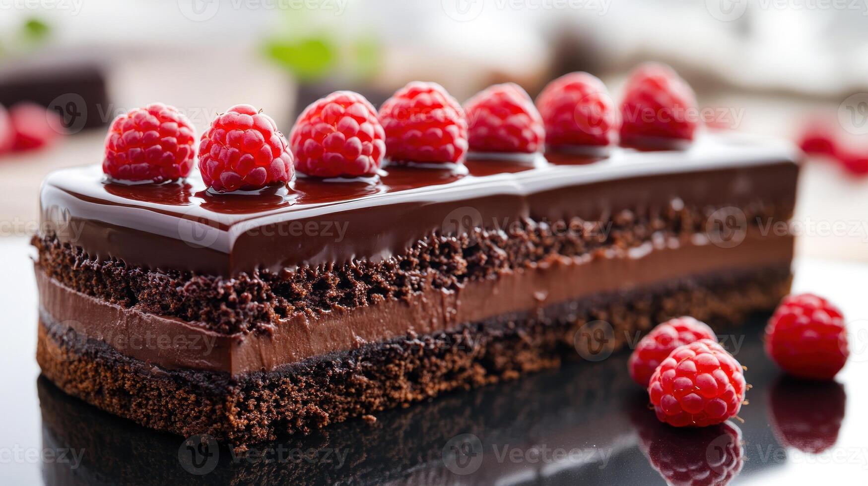 A luxurious chocolate dessert topped with vibrant raspberries, perfect for indulgence photo