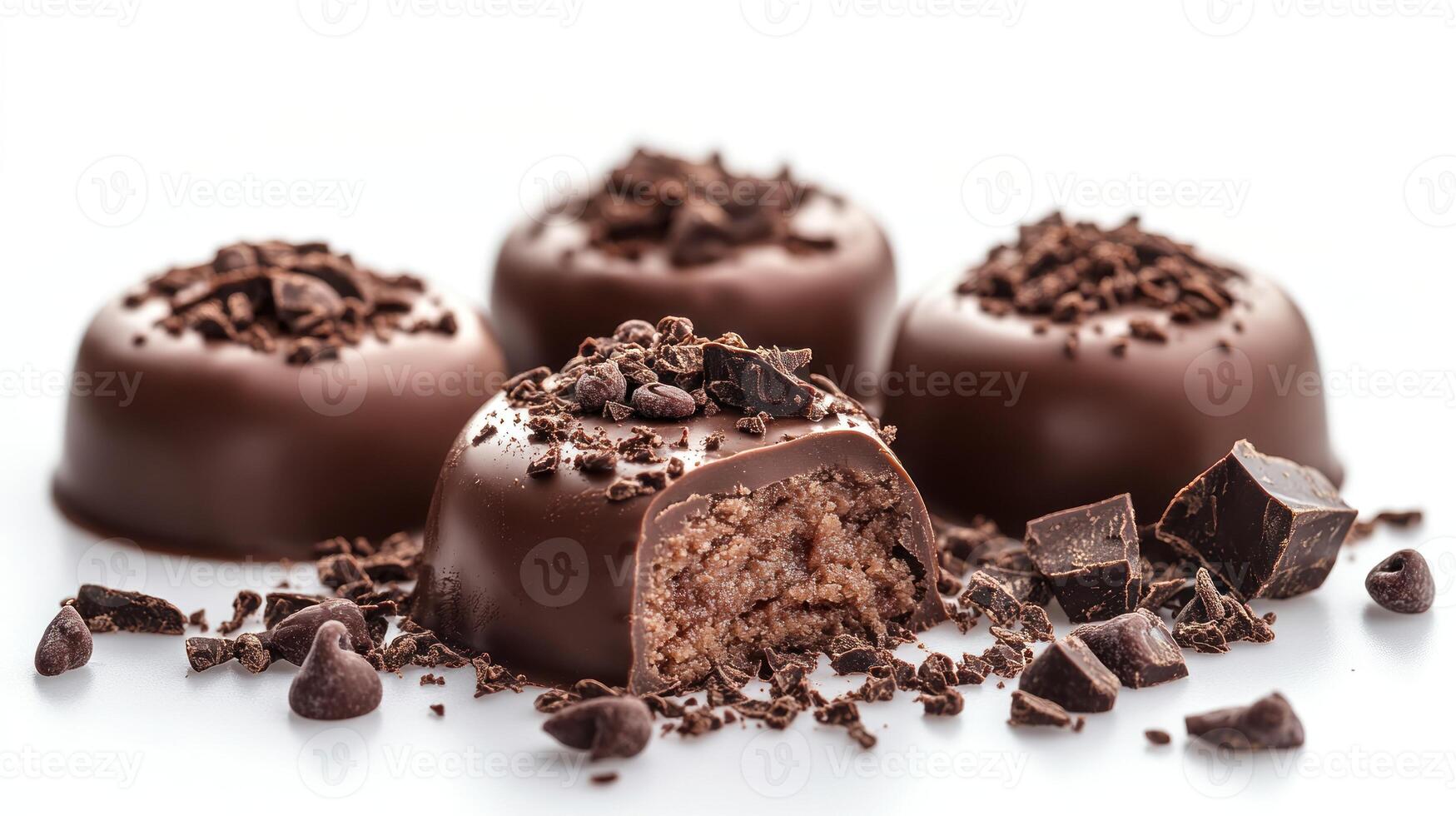 Artisan chocolate truffles with creamy centers and chocolate shavings on top photo