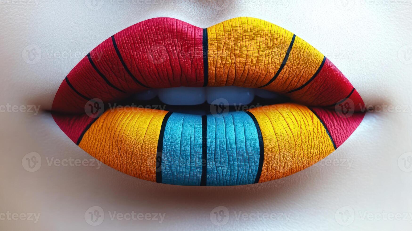 A stunning display features colorful lips with artistic geometric patterns photo