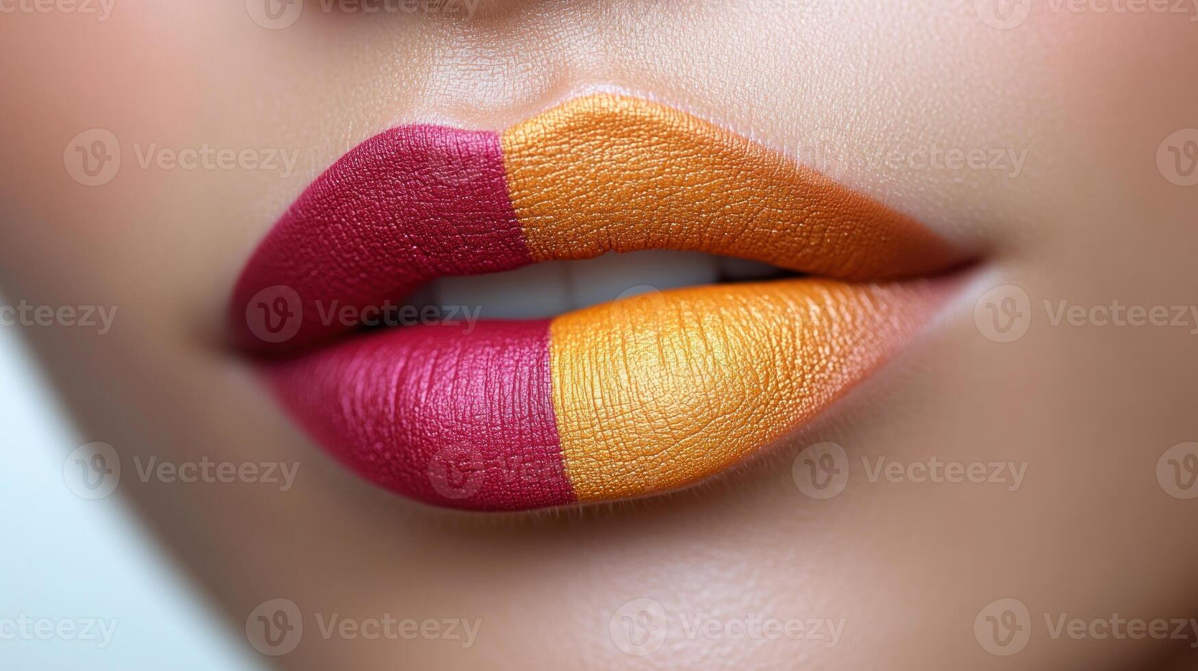 A closeup showcases a stunning two-tone lip look with contrasting colors photo