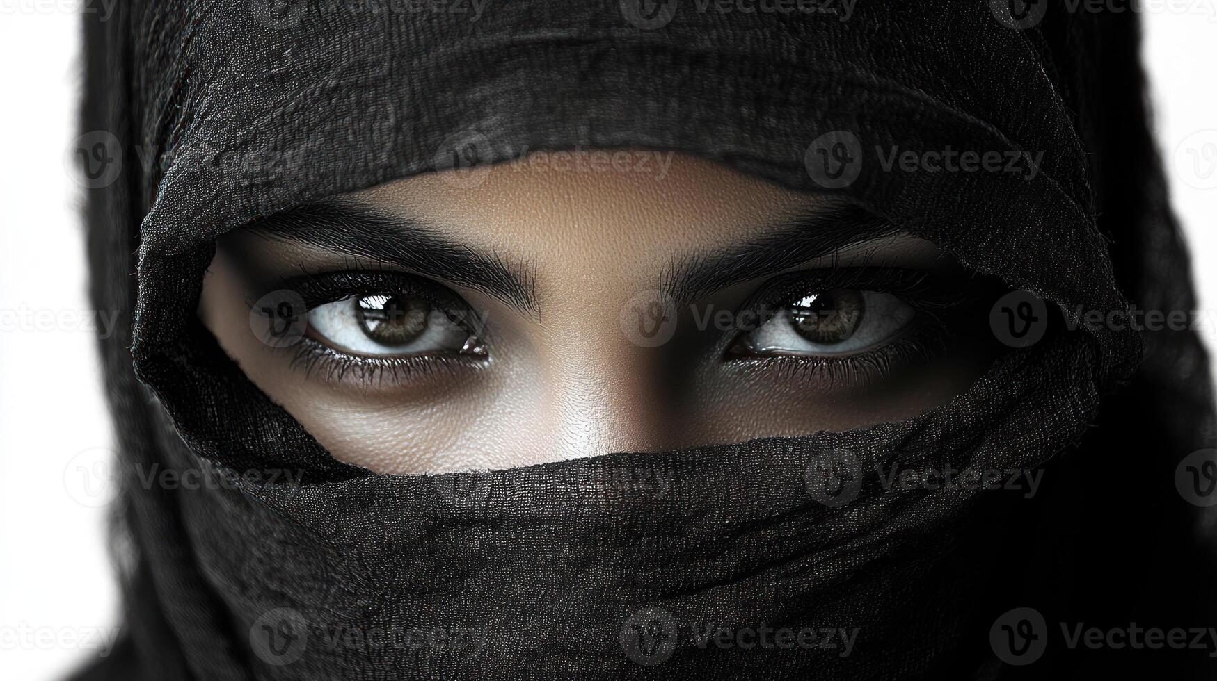 The captivating eyes of a veiled woman reflect deep emotion and strength photo