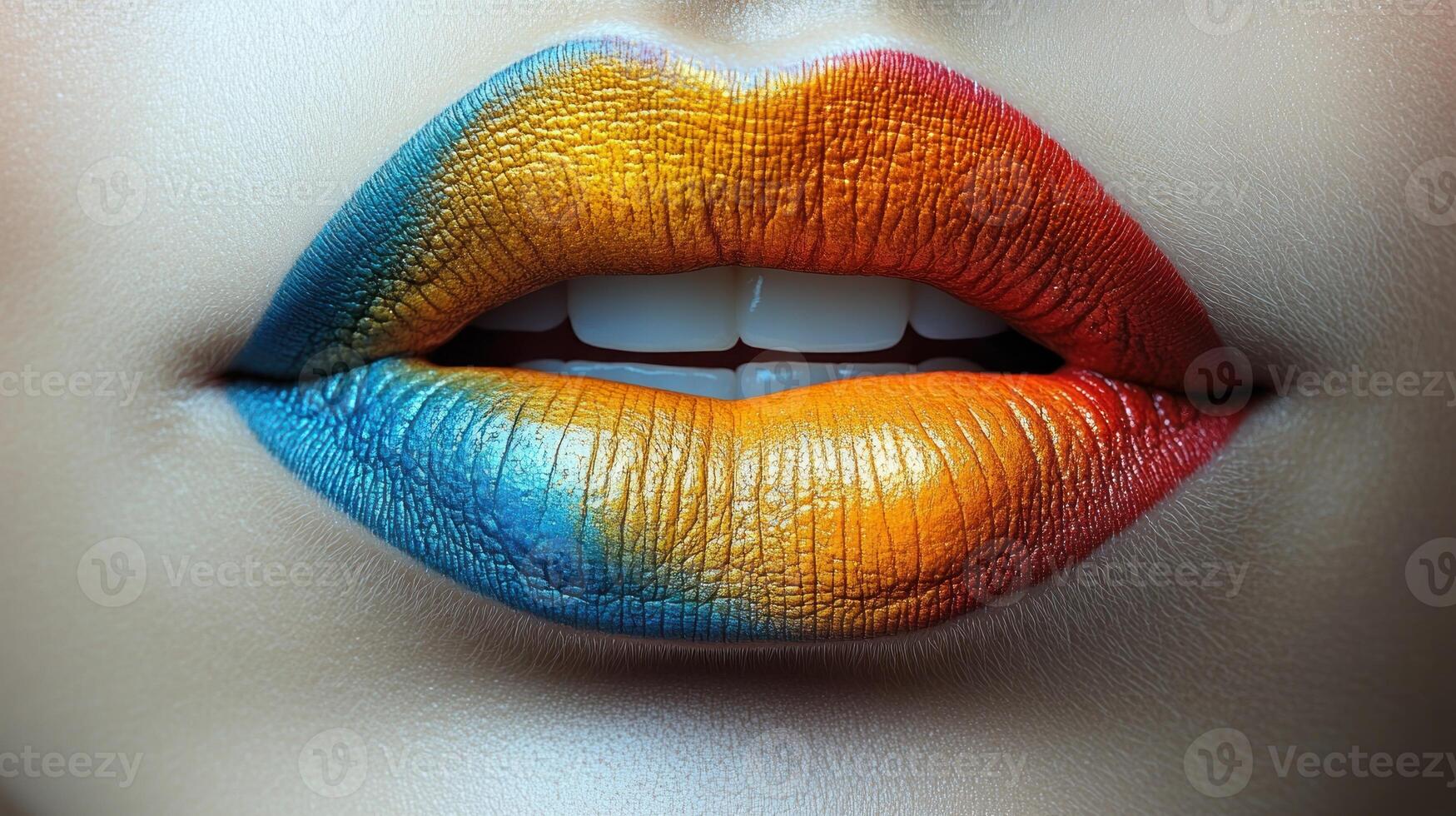 Bold lips showcase a mesmerizing gradient of blue, orange, and red hues photo