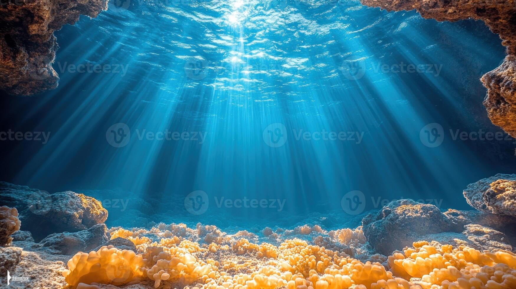 Golden corals flourish under ethereal sunlight streaming through clear ocean waters photo