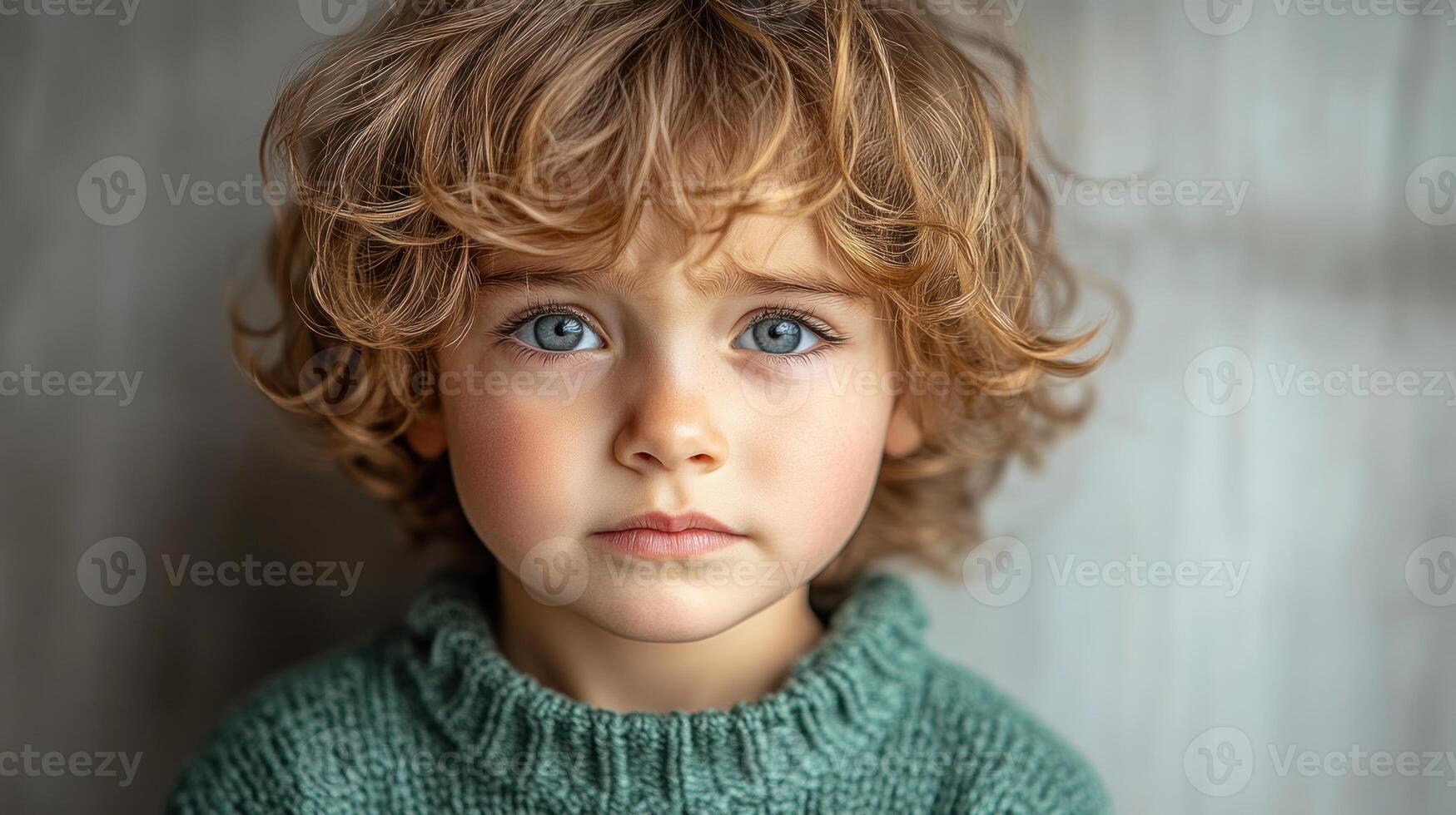 Curly-haired child displays a serene expression, immersed in gentle light photo