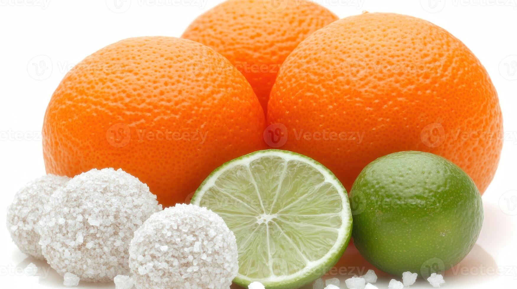 Fresh oranges and limes arranged artistically with sugary delights nearby photo