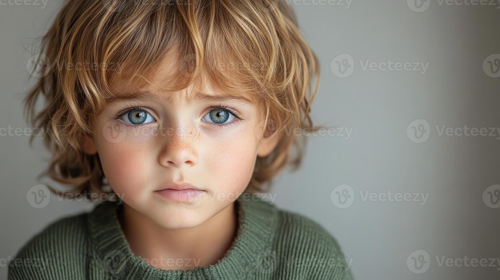 A young boy with curly hair and bright blue eyes looks thoughtfully at the viewer photo