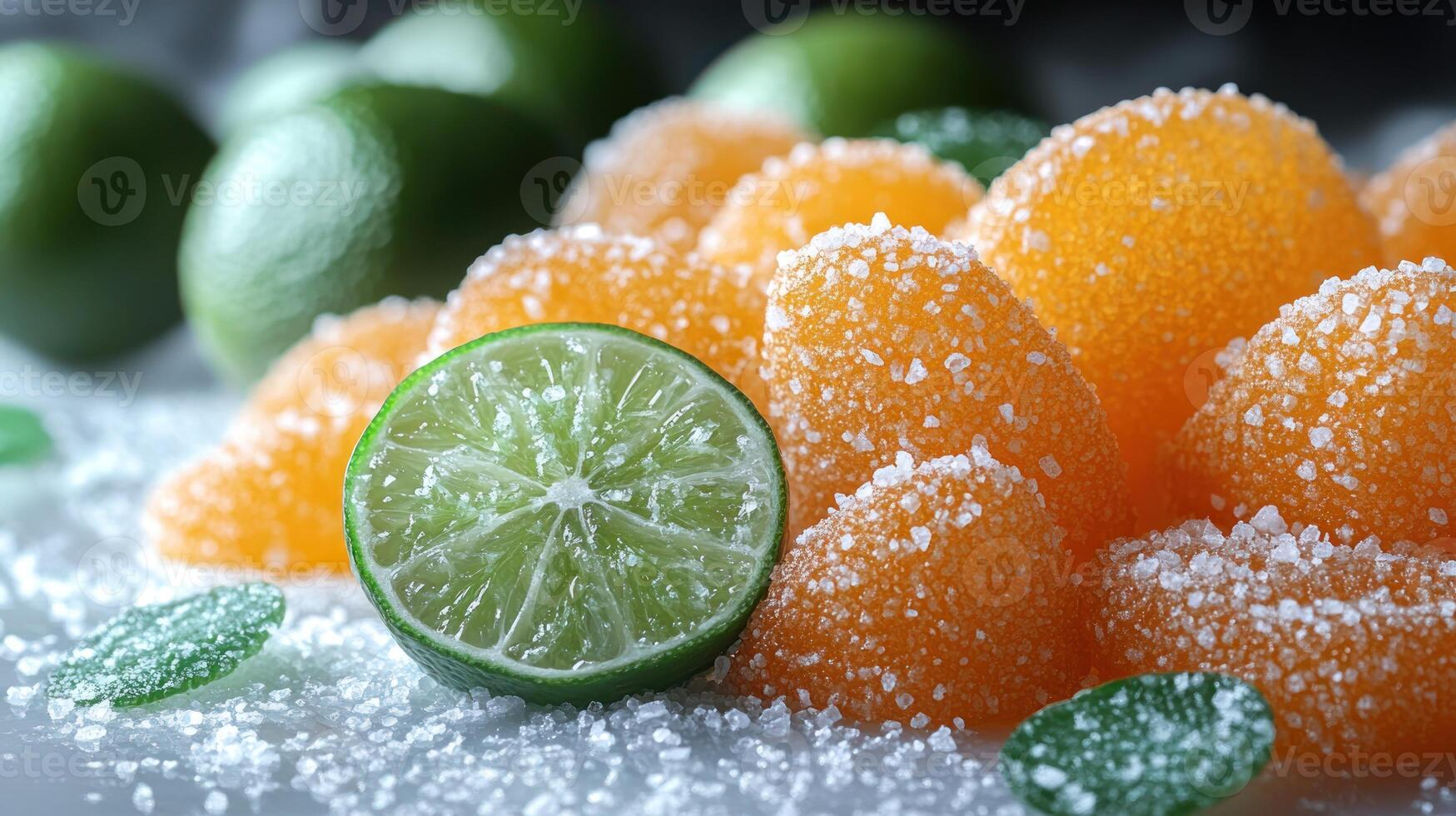 Colorful gummy treats glisten with sugar, paired with fresh lime for a zesty delight photo