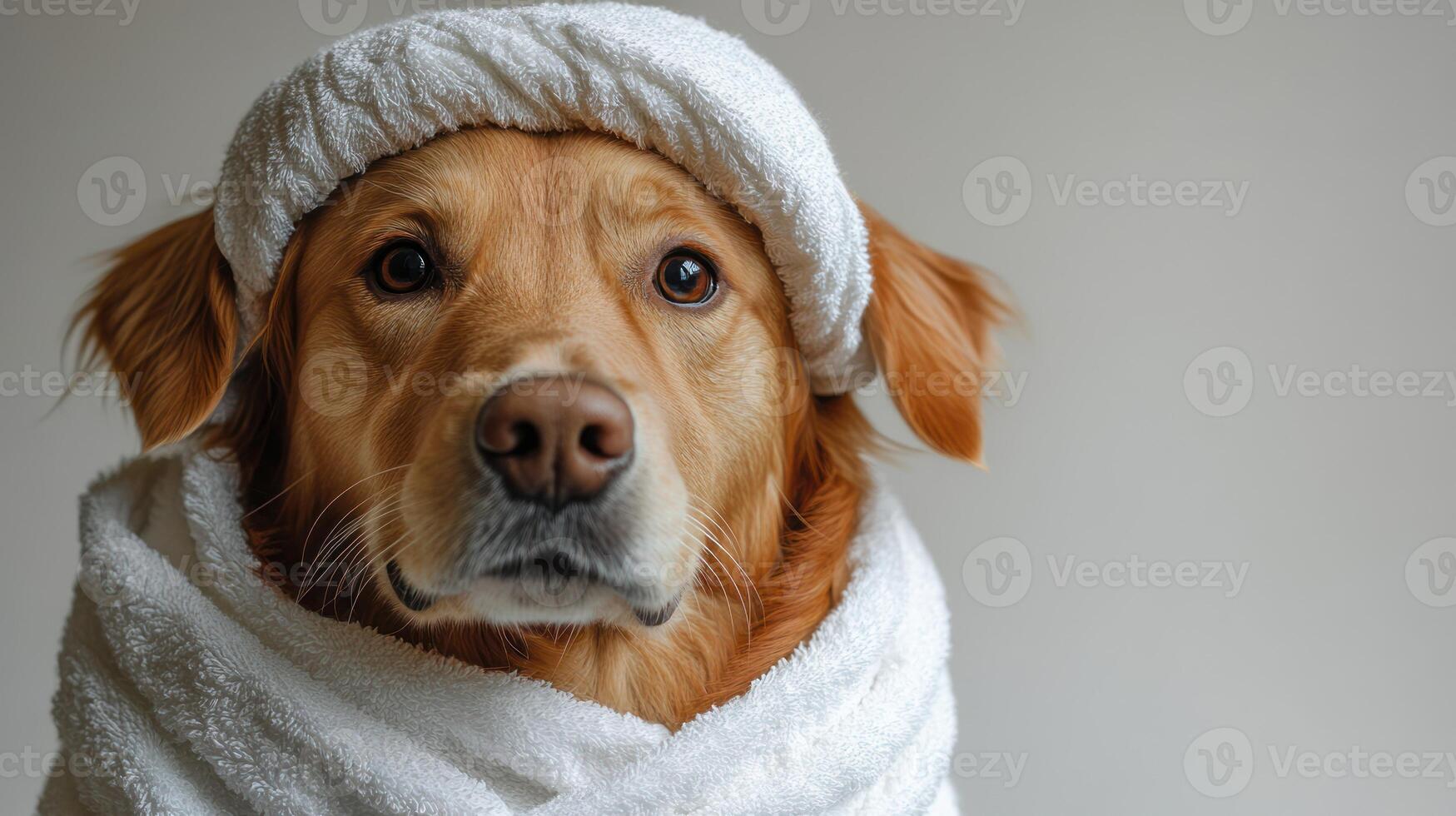 A golden retriever relaxes in a fluffy towel, radiating comfort and warmth photo