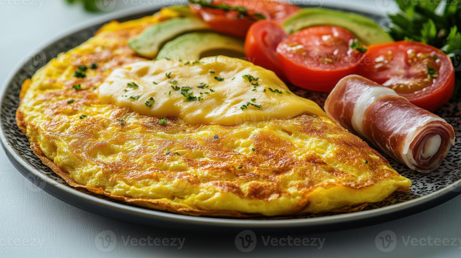 Enjoy a vibrant breakfast featuring a fluffy omelet with fresh tomatoes and cucumbers photo